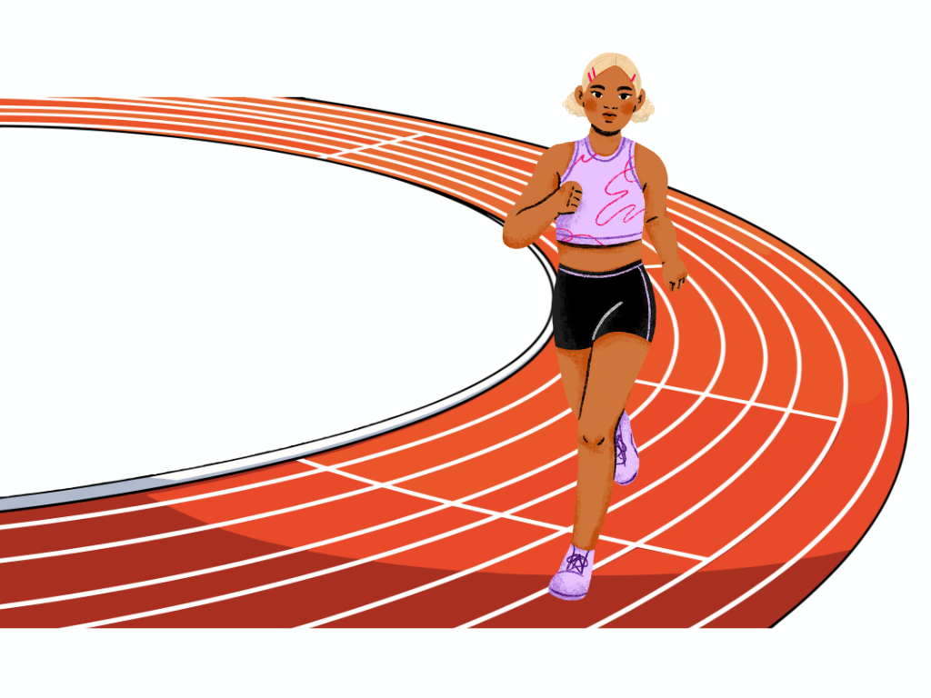 Race track and cartoon image of a woman running on the track
