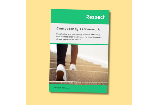 A graphic of the cover of the Respect Competency Framework on a yellow background. The cover is green and grey with a close-up photo of someone’s feet climbing a set of steps