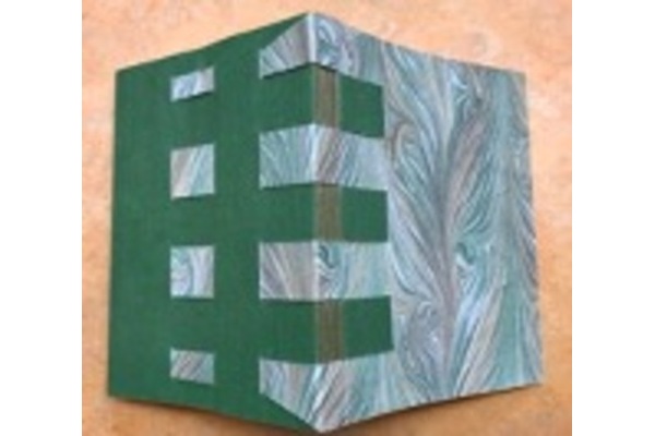 Photo of a paper binding with one side green and the other blue marbled paper, woven together across the spine