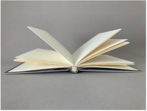 A photo of the spine of a book with boards open on the table, fanning the pages.