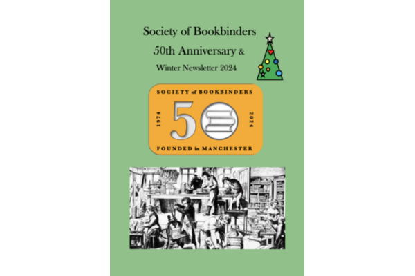 Cover of the newsletter, with 50 having the Society of Bookbinders logo inside the 0 and a Christmas tree to the side