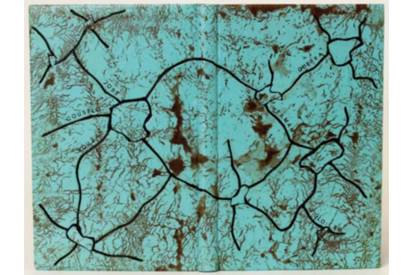 Celia Dominguez Fontan's binding of La Guerra Hermandina, in cyan leather with red craquelure and black Ascona onlays