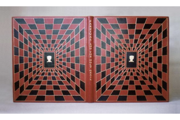 A fine binding of Parzival and the Holy Grail bound by John Mitchell. The book is covered in crimson goat with black onlays and tooling in a checquered pattern with perspective lines towards a white grail onlay in the centre of each board.