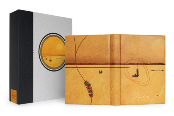 A fine binding of The Indomitable Servant bound by Mel Jefferson, in yellow goat with airbrushed dye, onlays, and gold tooled dots depicting a landscape with distant boats