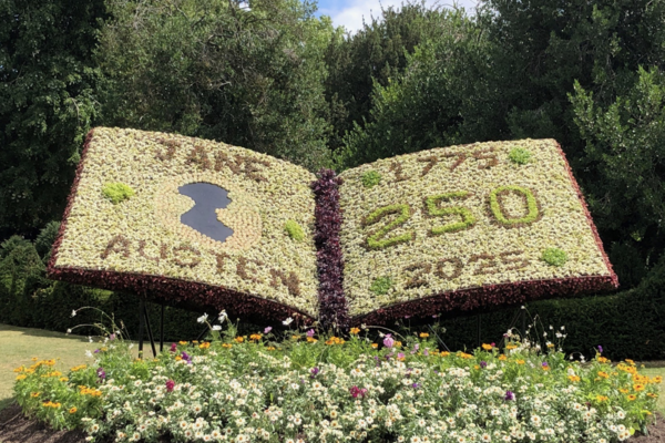 Planting in the shape of a book celebrating Jane Austen's 250th birthday