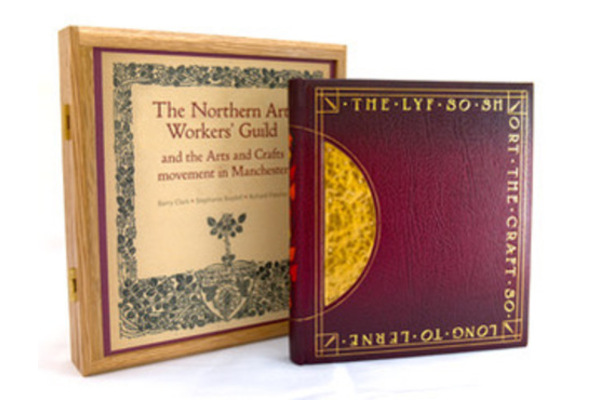 A binding by Tim Foster: recycled oak boards, ceramic inserts, marbled effect goatskin, beeswax and Danish oil finish; wooden box to both contain and display the book.