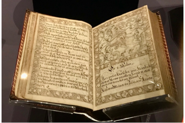  Psalter (book of the psalms), Germany 1646. An early printed book displayed on a Perspex cradle