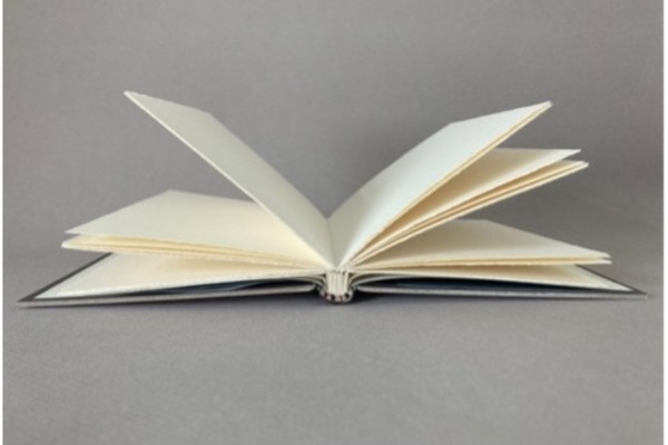 Photo of the tail of a stub binding, with the boards open on the table and the pages fanned.