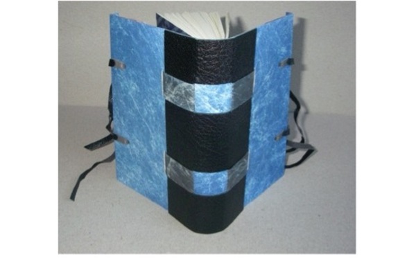 Photo of the spine of a book with slightly splayed boards, quarter dark blue leather with blue decorative paper sides, black ribbon ties, and two wide light blue strips across the spine.