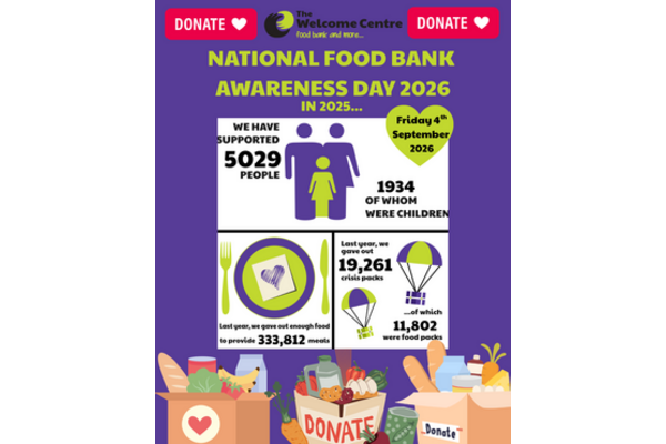 Poster with stats - 5029 people supported in 2025 including 1934 children. 333882 meals distributed. 19261 crisis packs provided of which 11802 were food packs. Please help and donate food