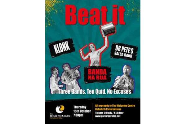 poster features bands Klonk, Banda Na Rua and Dr Pete's Salsa Band