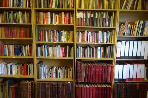 Photo of bookshelves in the resource library at Principle 5