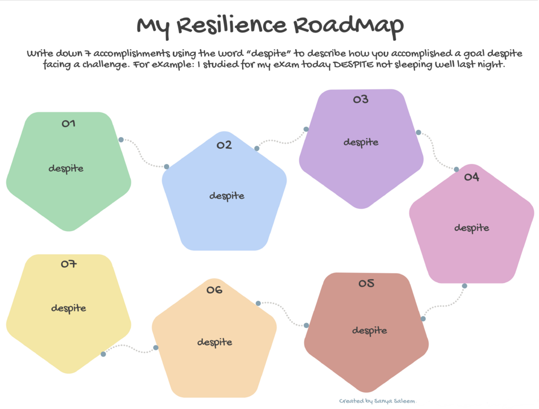 Diagram of Sanya's "Resilience roadmap" which is a series of interlinked hexagons which are numbered.