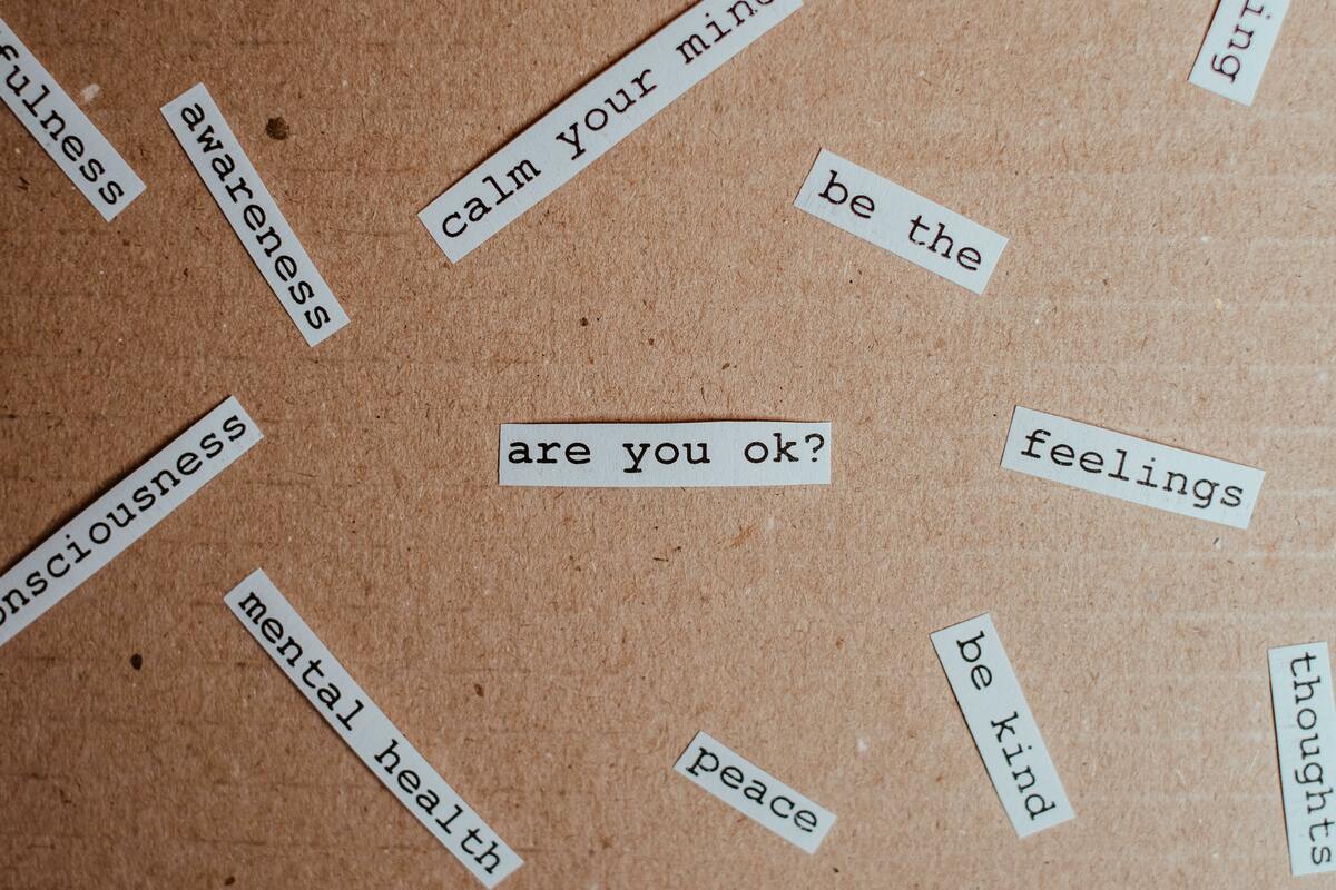 Phrases on pieces of paper such as 'are you okay?'
