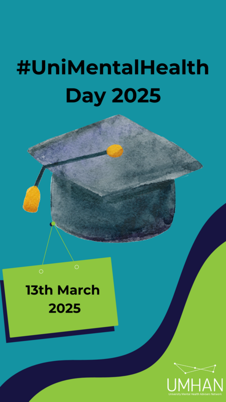 Flyer advertising university mental health day with an image of a mortar board. 