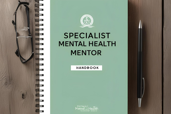 Blue book with text 'specialist mental health mentor' in black type.