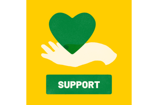 Yellow background with illustrated hand holding a green heart