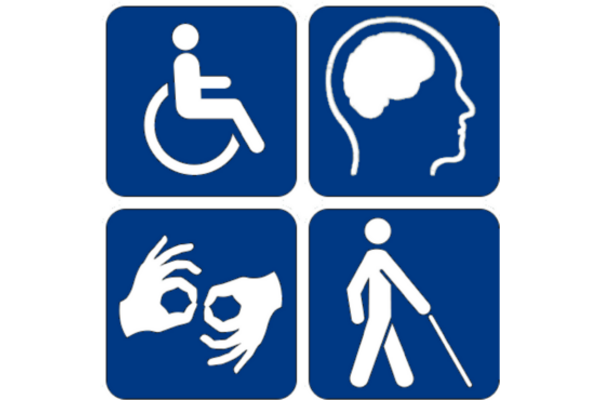 Symbols of a wheelchair user, brain, signing hands and someone with a walking stick
