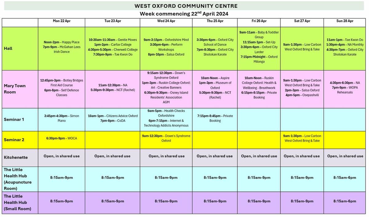 weekly schedule of what's happening in each room throughout the week
